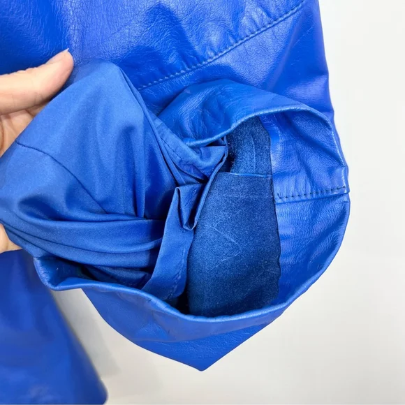 Vintage 80s genuine leather blue padded shoulder batwing bomber pant suit set 14 - Picture 9 of 17